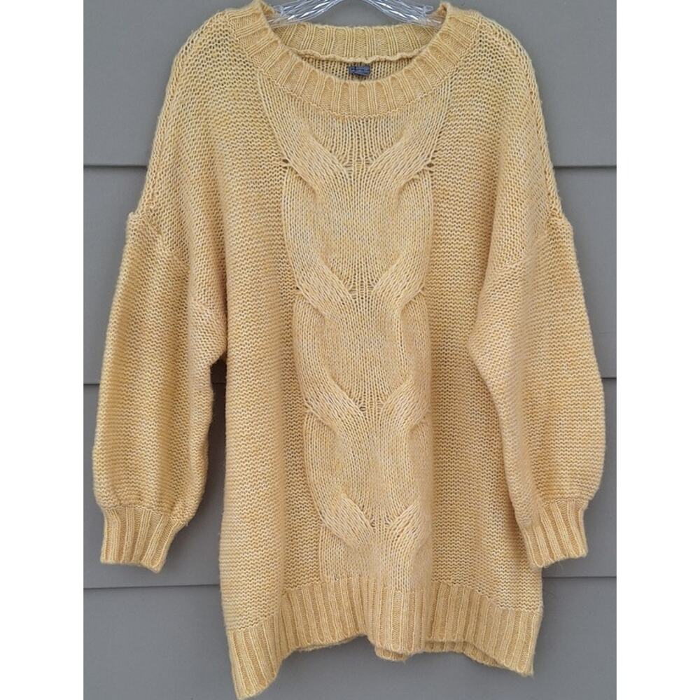 aerie Womens Wool Blend cable Knit Balloon Sleeves Sweater Tunic Spring Yellow L